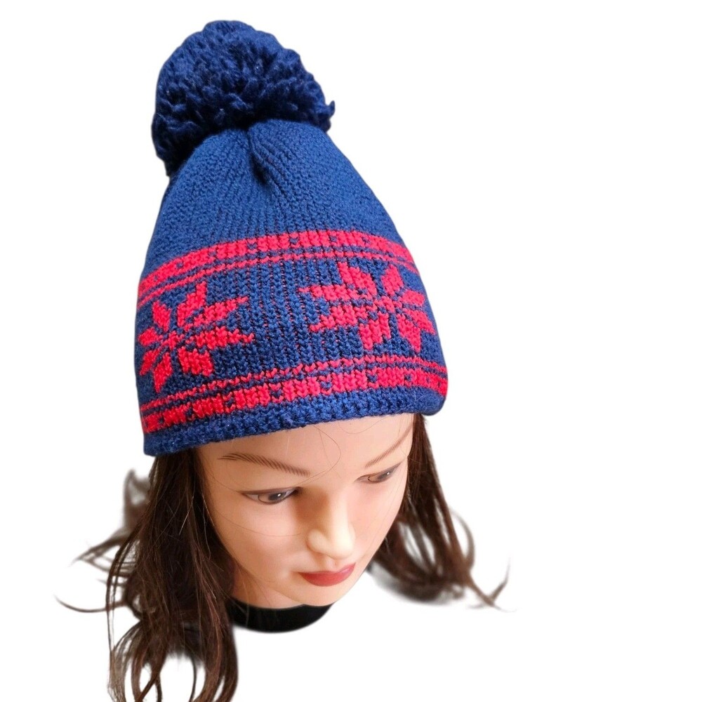Summit By Wigwam Knit Beanie Winter Ski Hat Blue Pom Pom Snowflake Pattern Wool